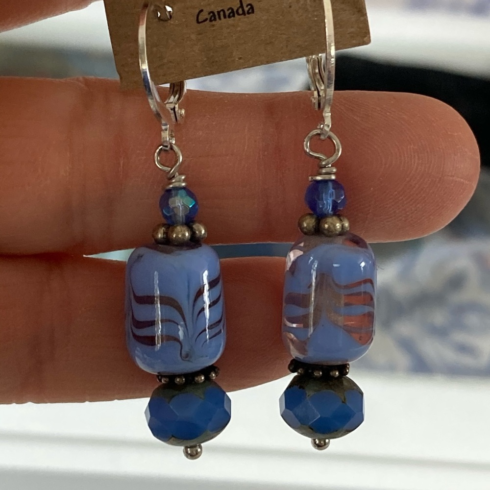 Lamp Work Glass Blue Bead Drop Earrings